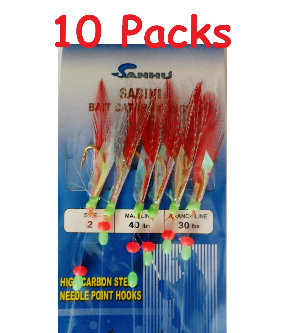 Saltwater Fishing Sabiki Bait Rigs - 10 Pack with 6 Hooks & Red Feathers