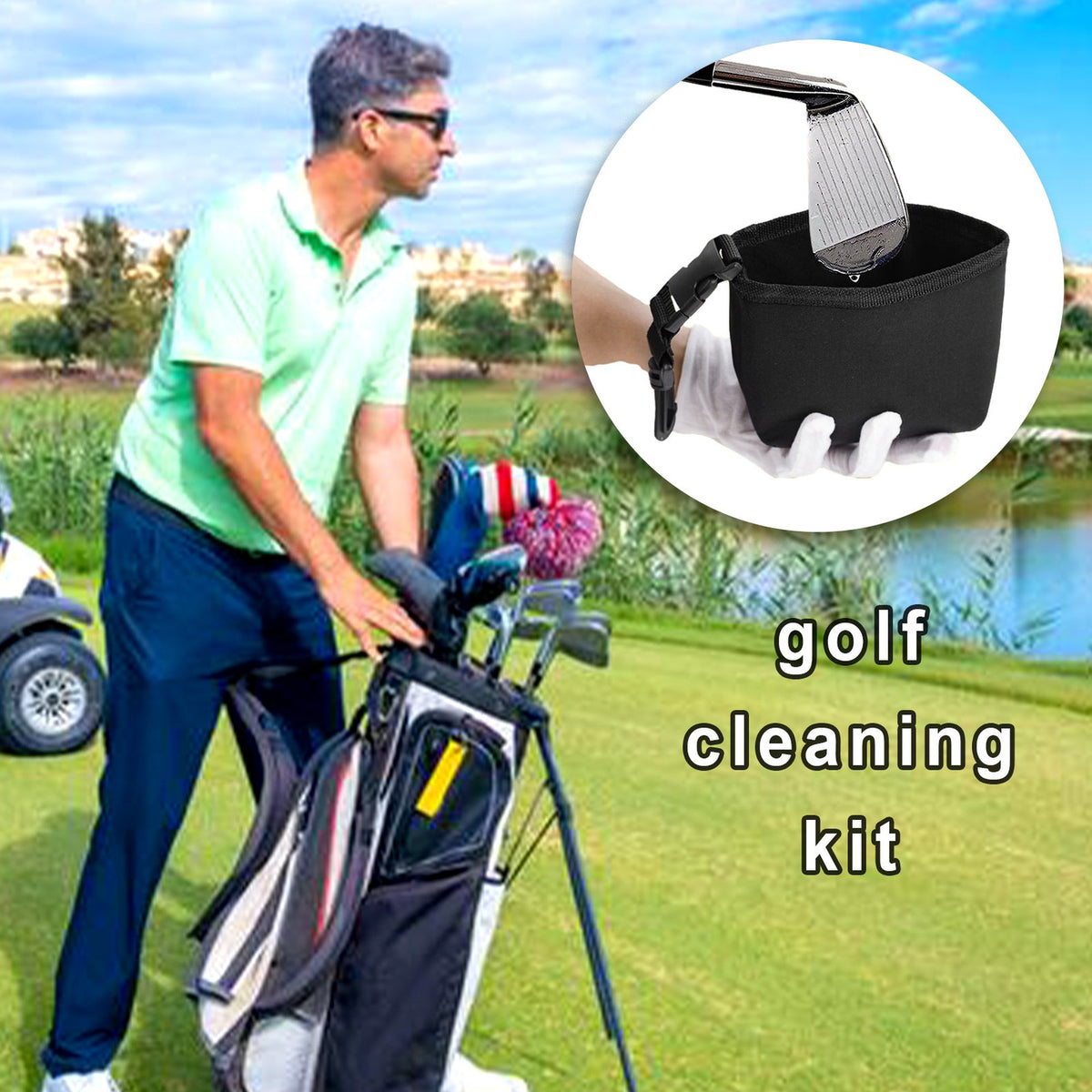 Portable Golf Club and Ball Cleaning Bag Set - Black, 2 Pieces