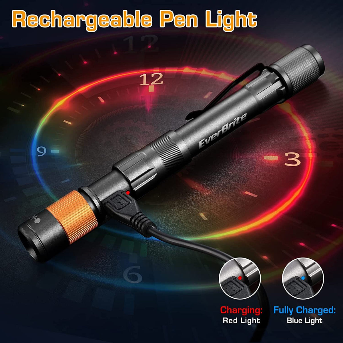 Rechargeable LED Pen Light Flashlight with Clip - 300 Lumens, Zoomable, USB-C