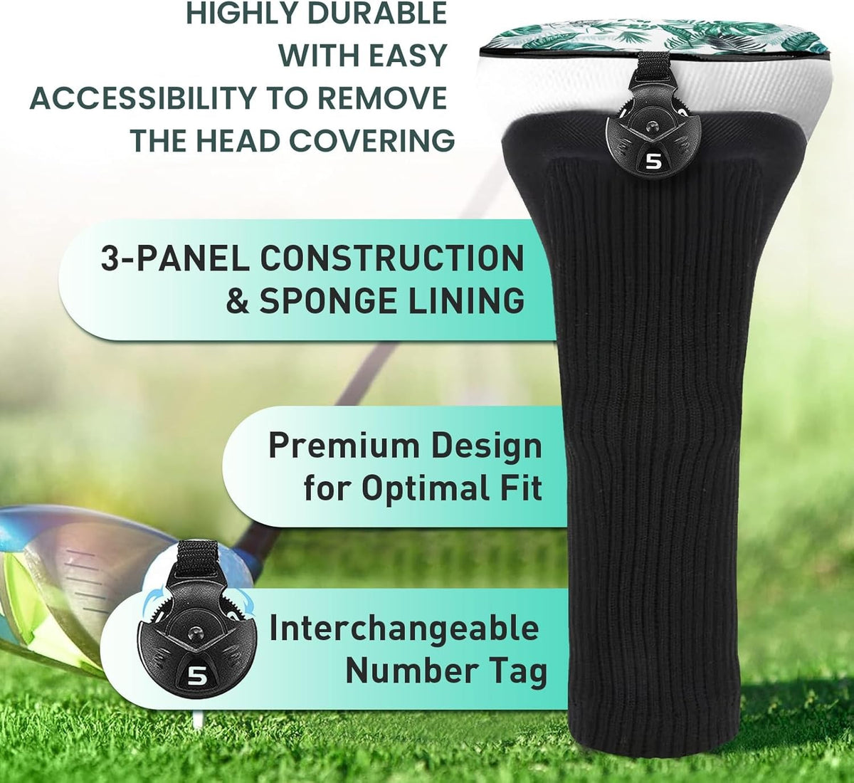 Golf Club Head Covers Set Woods Hybrids 3 Pack with Interchangeable Number Tags