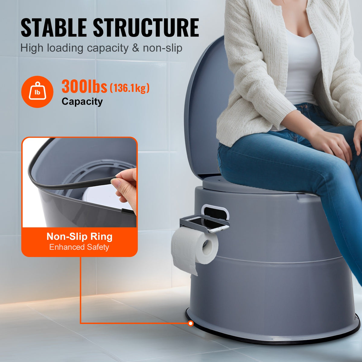 Portable Camping Toilet with Detachable Inner Bucket, Phone Shelf & Paper Holder