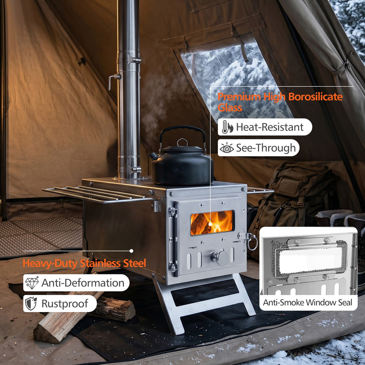 Portable Wood Burning Tent Stove with Chimney Pipes & Spark Arrestor - Light & Durable Camping Heater