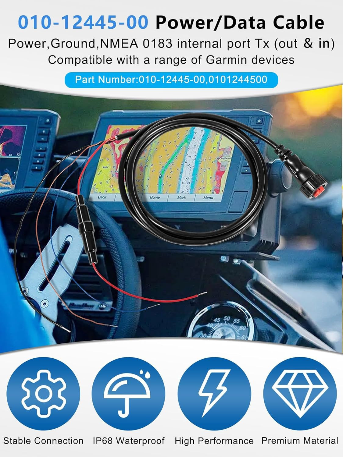 Power/Data Cable for Garmin GPSMAP EchoMAP Plus UHD Panoptix 4-Pin Replacement