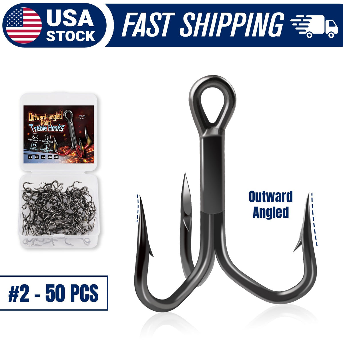 50pcs High Carbon Steel Treble Hooks Outward-Angled Point Fishing Hooks - Strong & Corrosion-Resistant