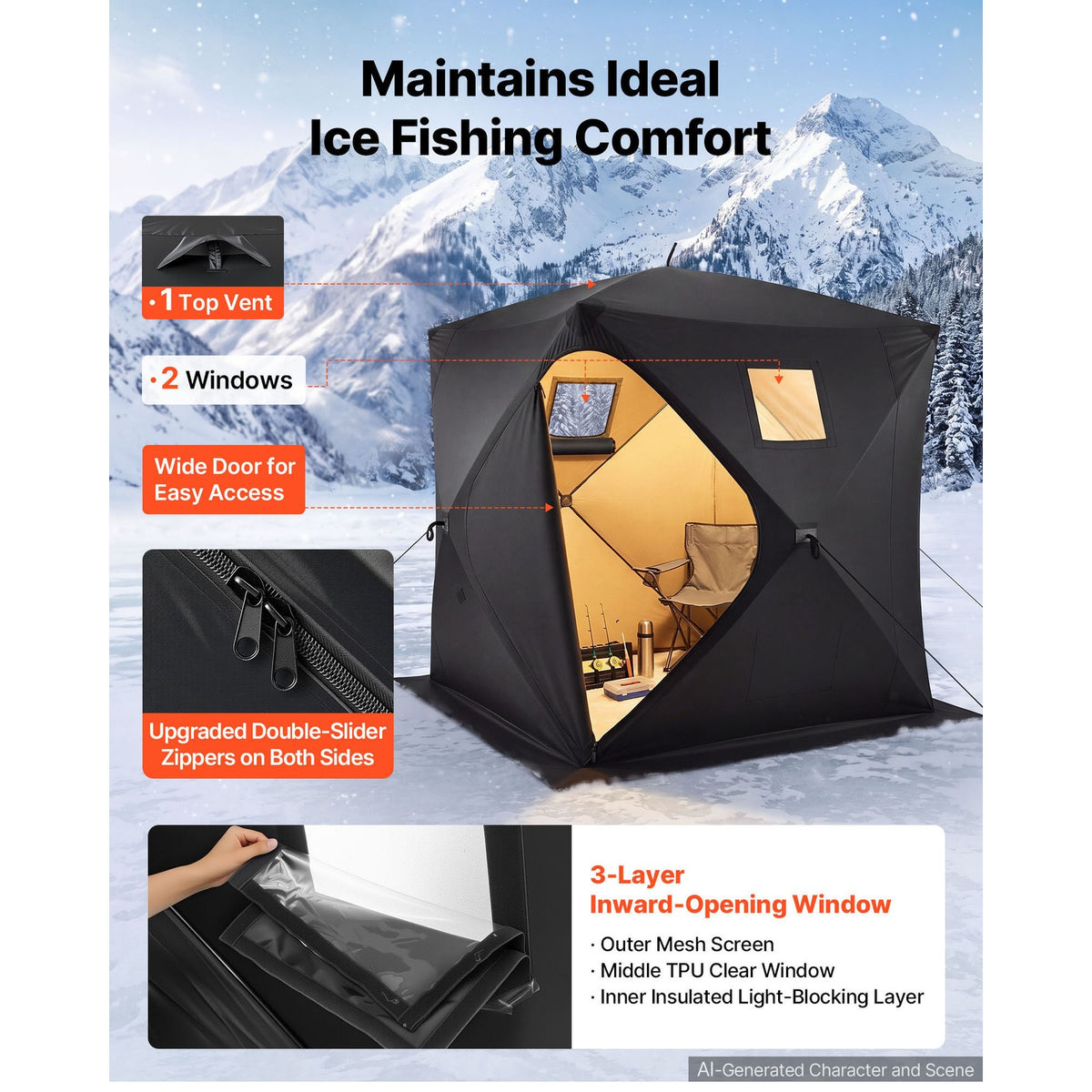 Pop-Up Ice Fishing Tent for 3-4 People - Portable 90x90x77in Shelter