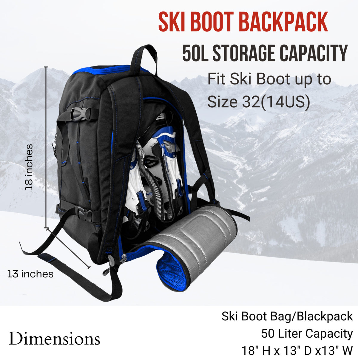 50L Ski Snowboard Boot Backpack Waterproof Gear Bag with Helmet Gloves & Goggles Storage