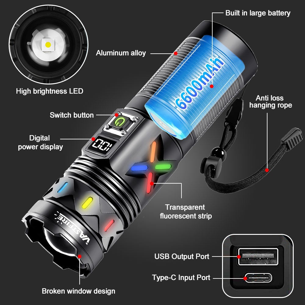 50W High Power Laser White LED Flashlight with Telescopic Zoom & Type-C USB Charging