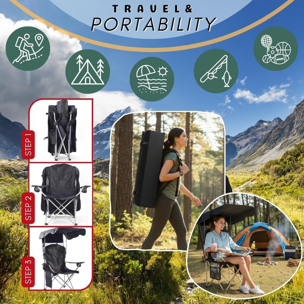 Portable Folding Camping Chair with Canopy and Sun Shade for Outdoor Use