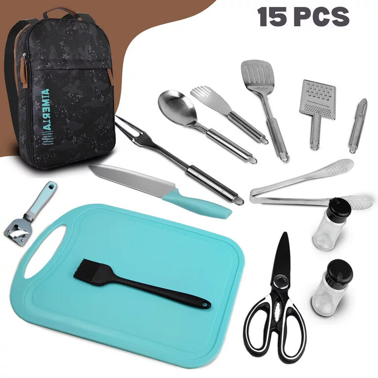 15-Piece Camping Utensil Set Portable BBQ Kitchen Cookware & Utensils