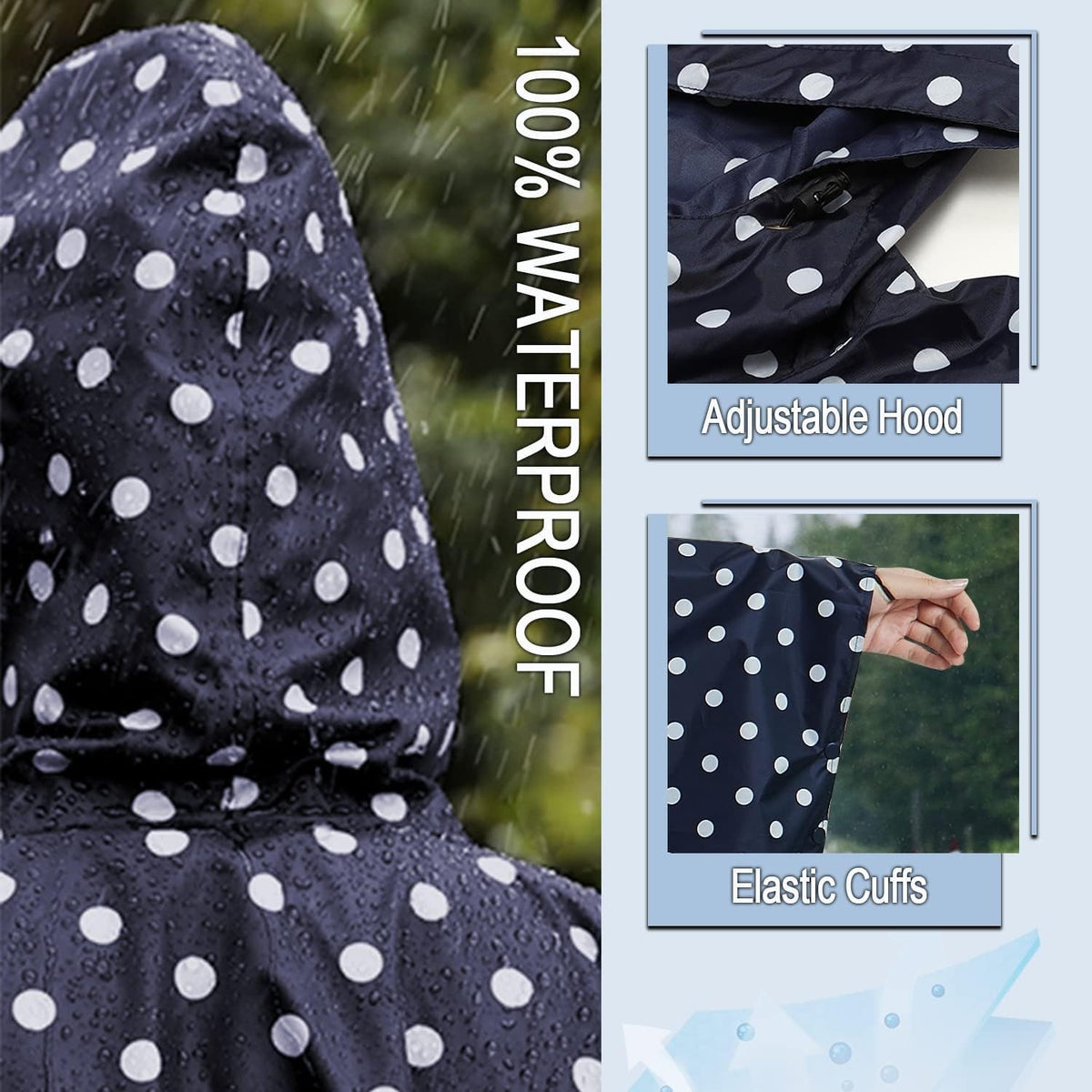 Waterproof Rain Poncho with Hood - One Size Blue Dot