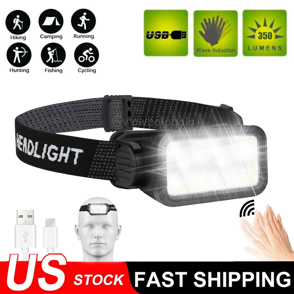 Rechargeable COB LED Headlamp with USB, Waterproof Work Light 6000K