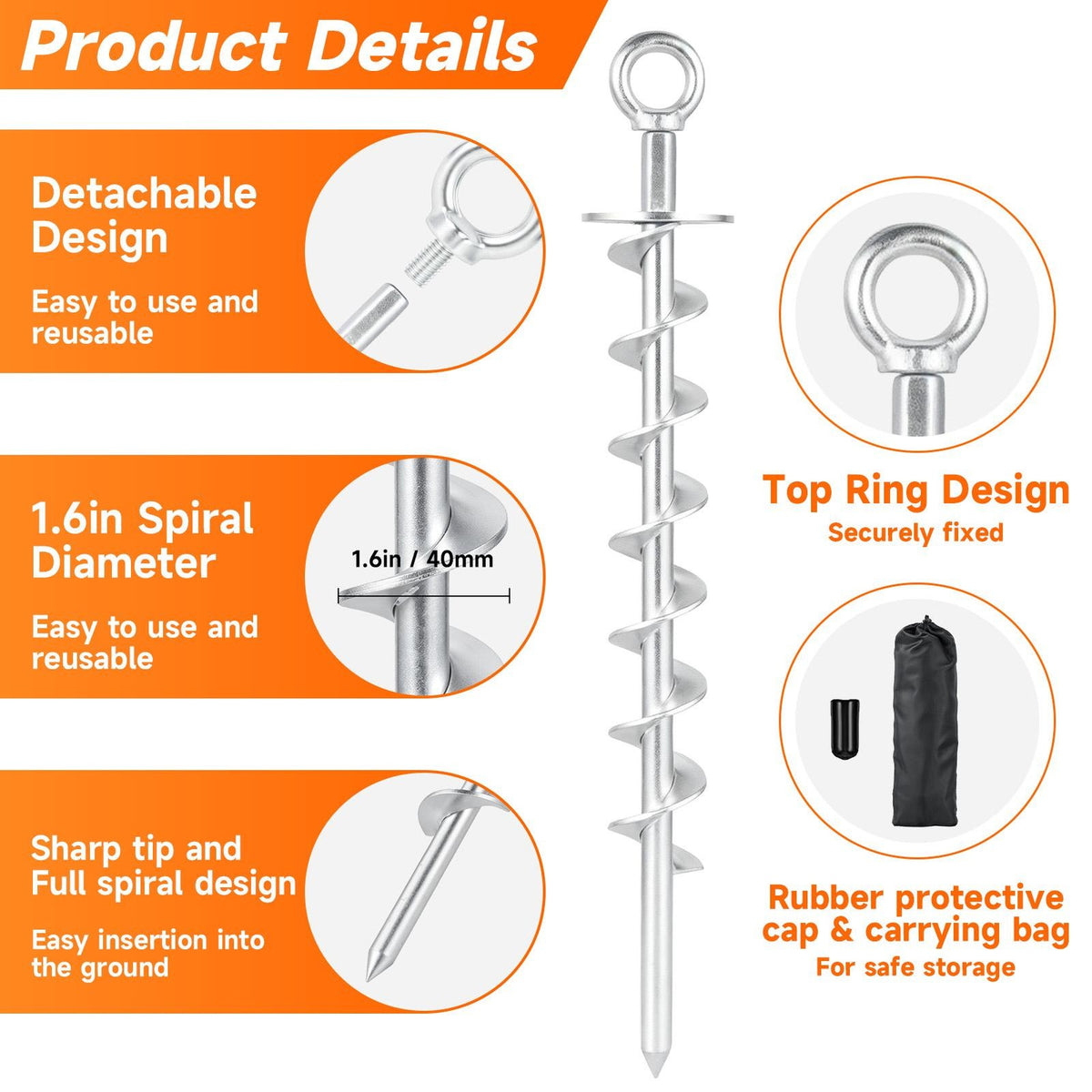 Heavy Duty Ground Anchors Screw in 4 Pack for Tent, Swing Set, Pergola - Rust-Resistant Steel