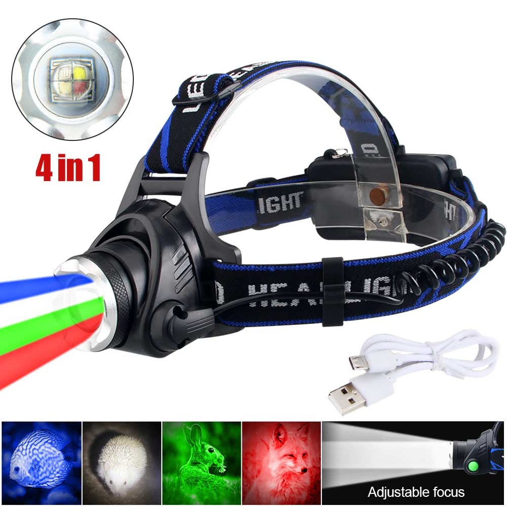 4-in-1 RGB LED Headlamp with Rechargeable Head Torch for Hunting Camping