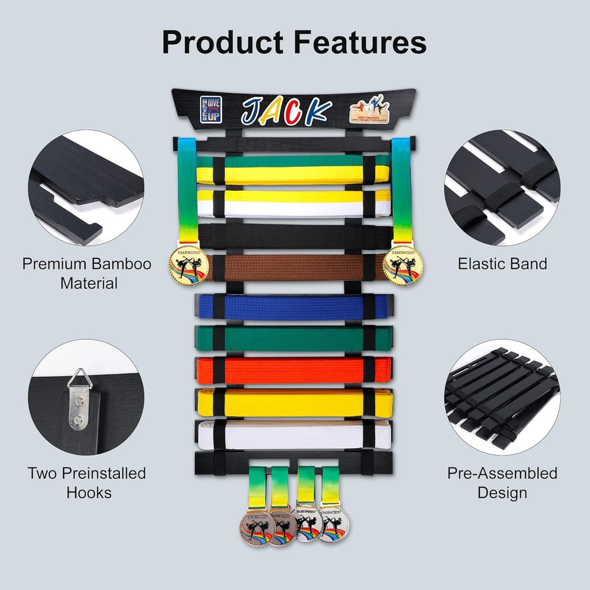 Personalized Martial Arts Belt Display Rack with 10 Belt Capacity and Sticker Set
