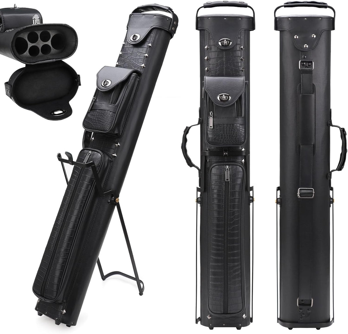 2x4 Pool Cue Case Hard Faux Leather with Stand Holds 2 Butts & 4 Shafts Deluxe