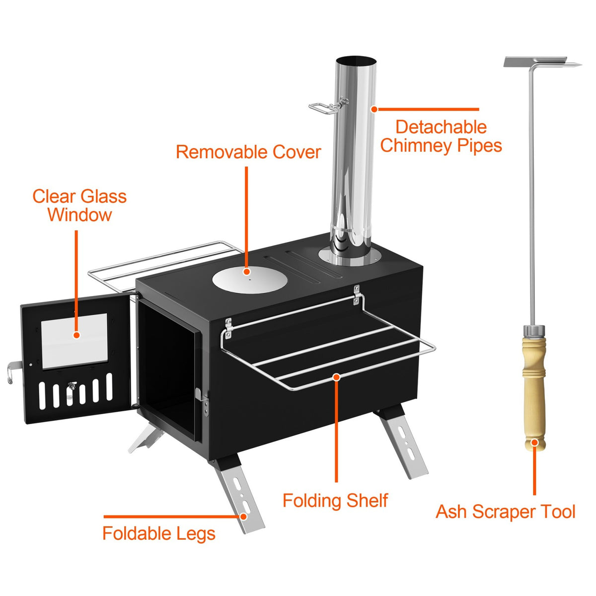 Portable Wood Burning Stove with Chimney Pipes for Camping and Outdoor Heating