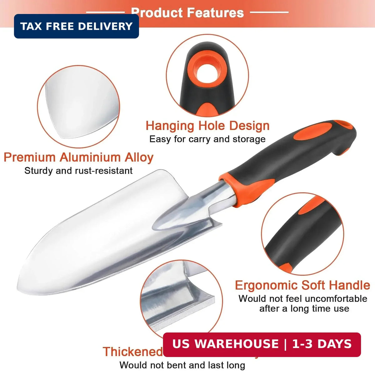 Heavy Duty Garden Hand Trowel with Ergonomic Handle - Rust Resistant Aluminum Soil Scoop