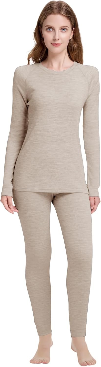 Women's Merino Wool Base Layer Sets Thermal Underwear Ski 2PC Top & Long Johns