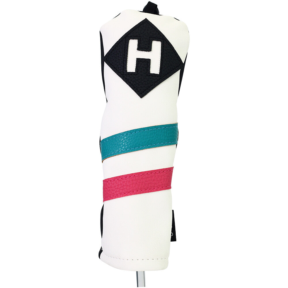 Golf Headcover Set for 260cc Woods & Hybrids - White with Teal Pink Stripes Leather Style