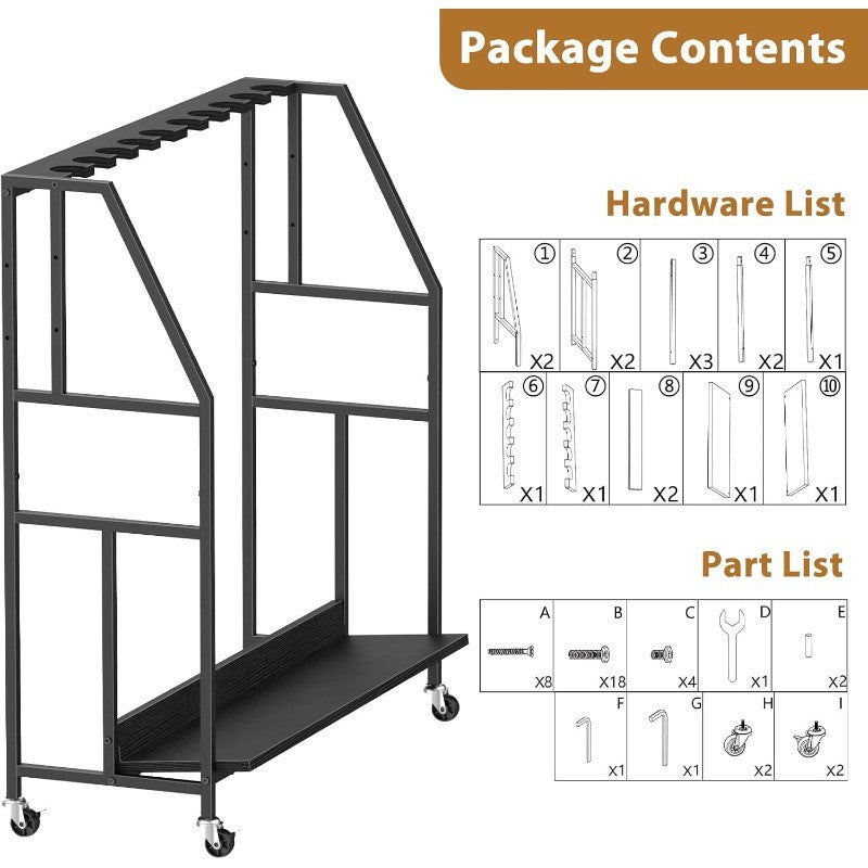 Gun Rack with Metal Frame and Wheels Holds 10 Long Guns, Adjustable Height