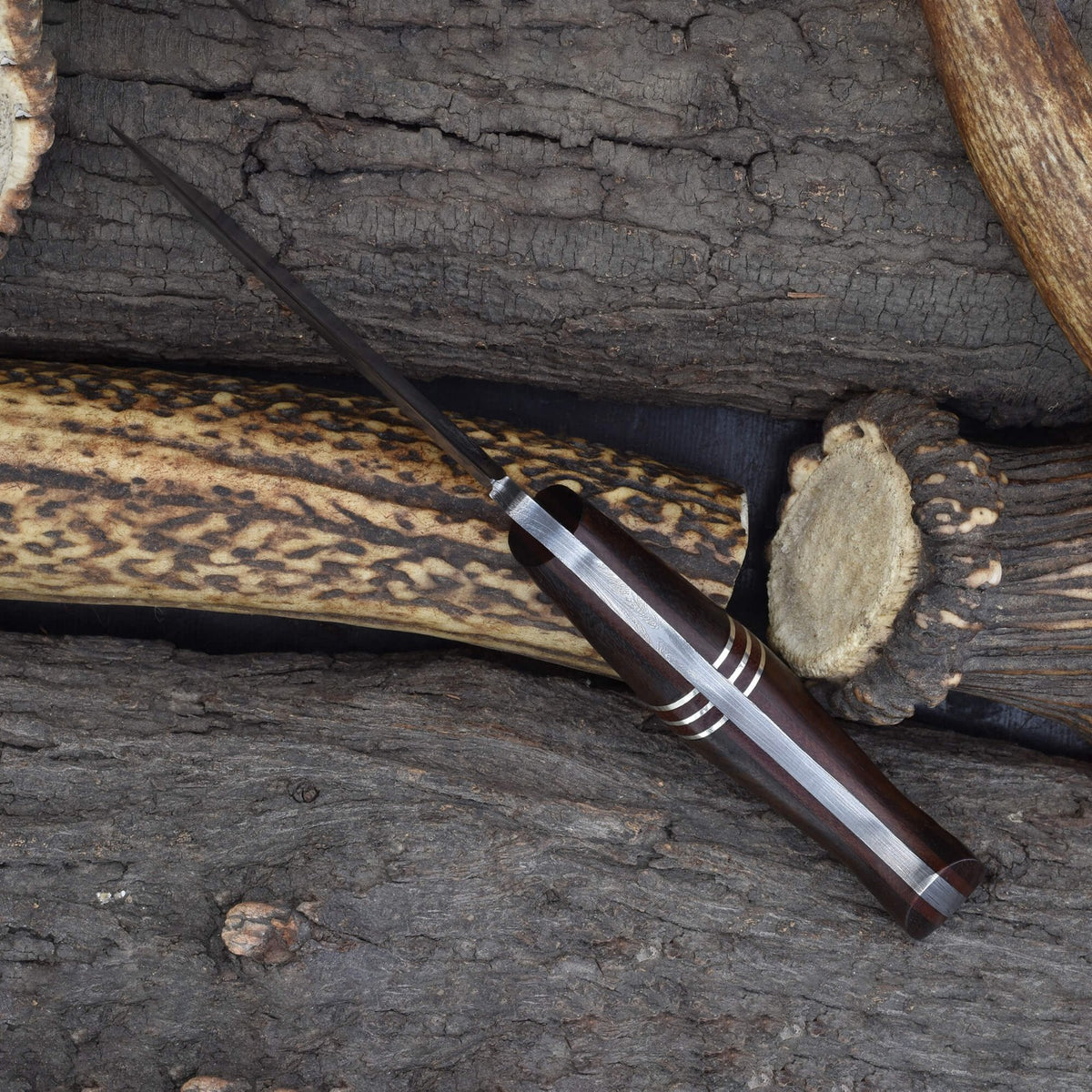 Outdoor Hunting Knife with Damascus Steel Blade & Rosewood Handle - 8.5 Inch