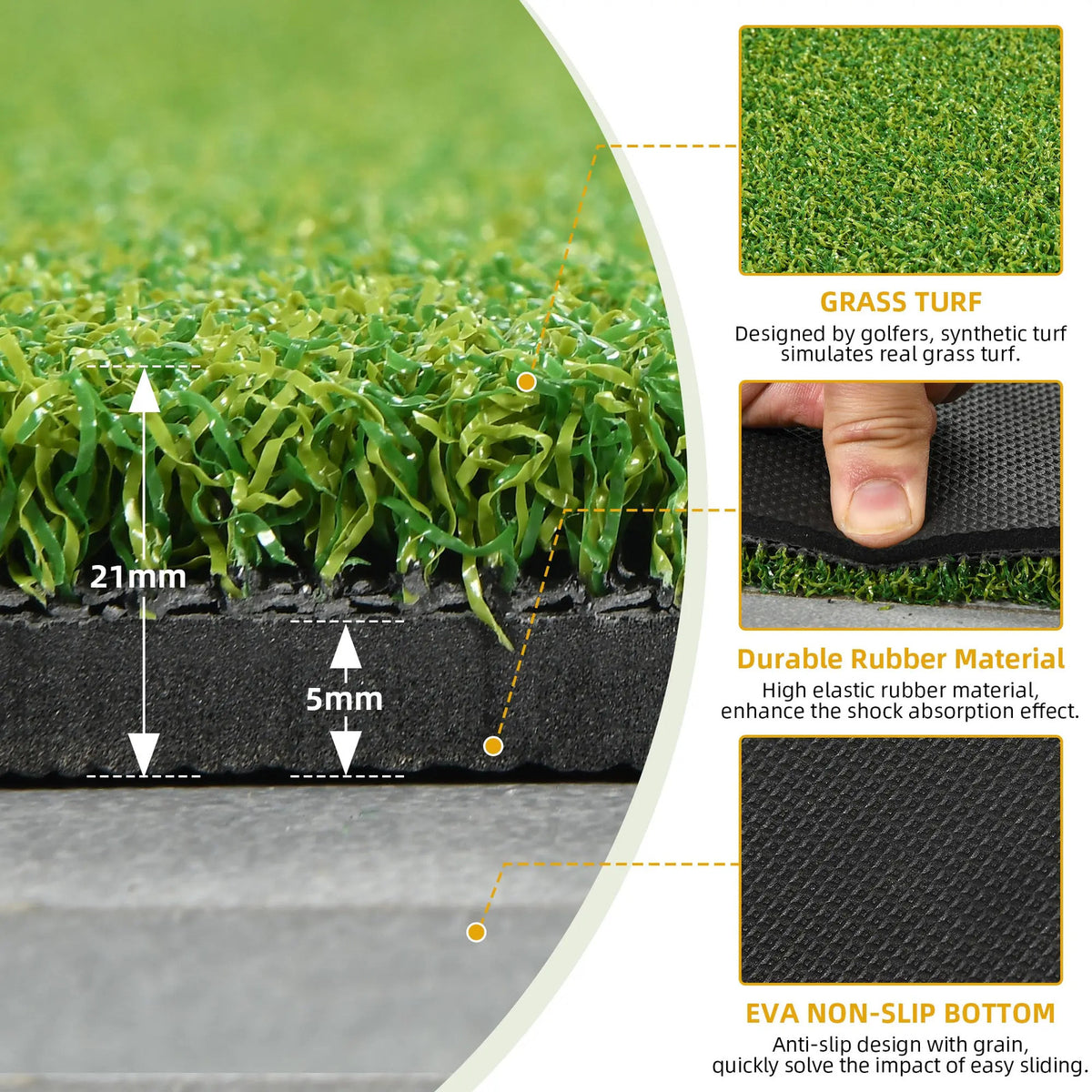 Golf Hitting Mat 5x4 ft Thickened 21mm Artificial Turf for Indoor Outdoor Practice