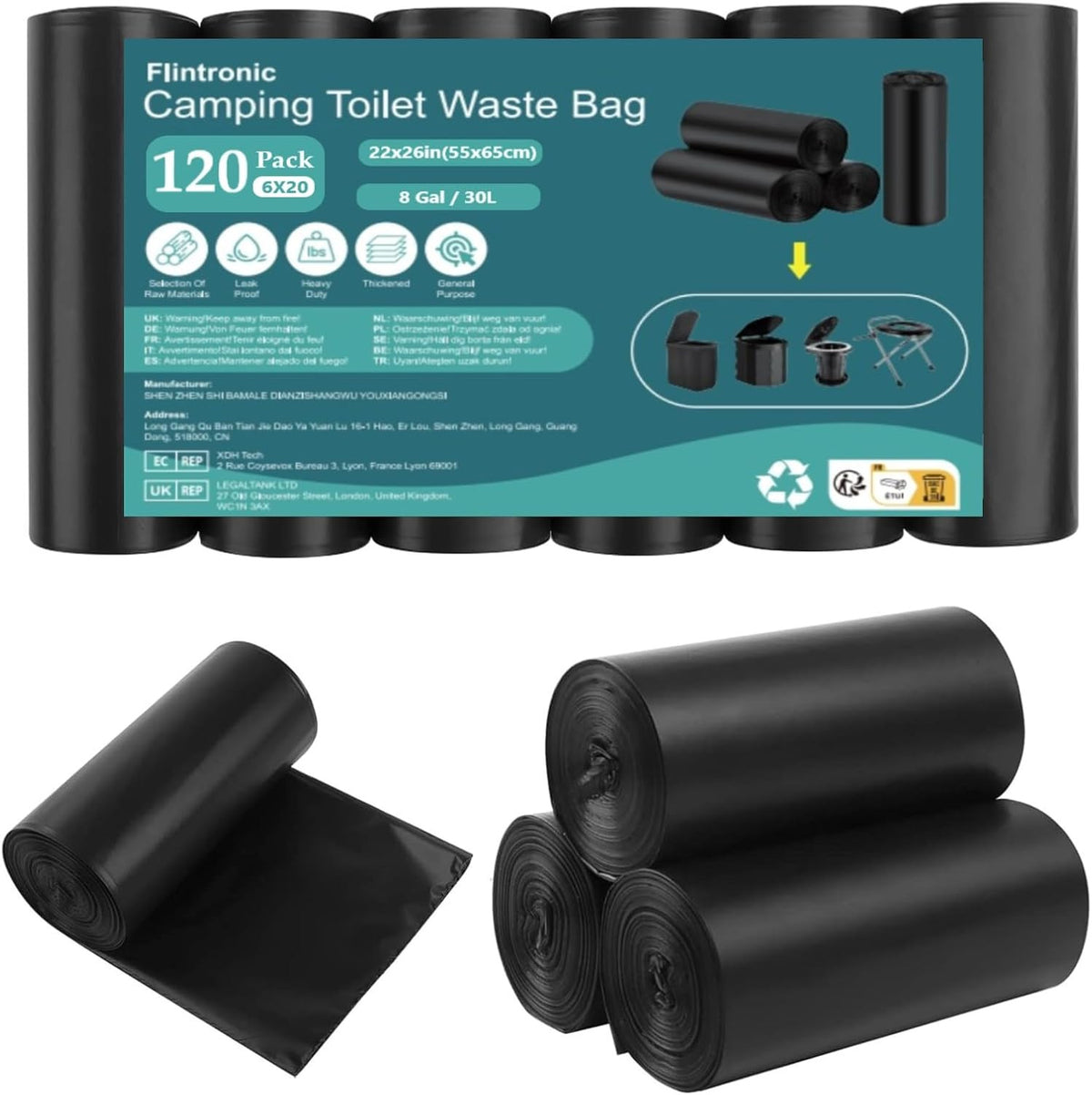 Camping Toilet Bags 30L Heavy Duty Waste Liners - 120 Pack Black