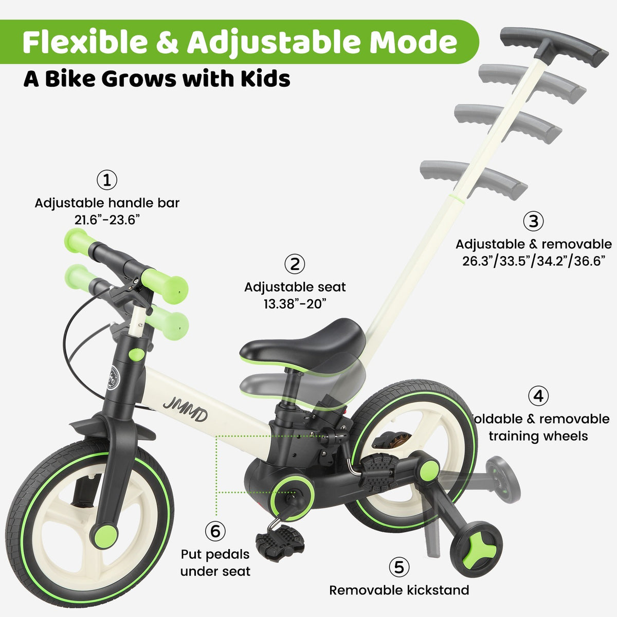 6-in-1 Foldable Toddler Bike with Push Handle for 18-60 Months, Adjustable & Durable