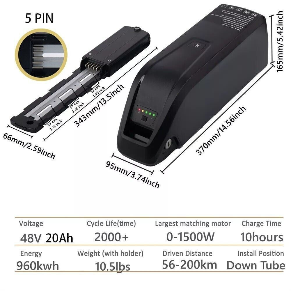 Electric Bicycle Battery 36V/48V/52V 20Ah 40A 5-Pin for eBike & Electric Bike