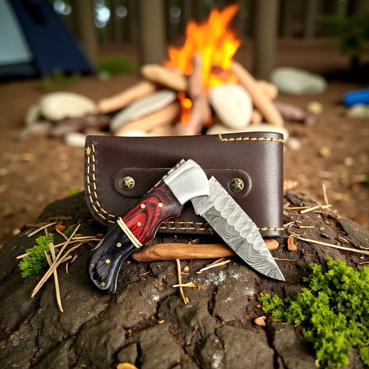 Personalized Damascus Folding Knife with Carved Blade and Leather Sheath