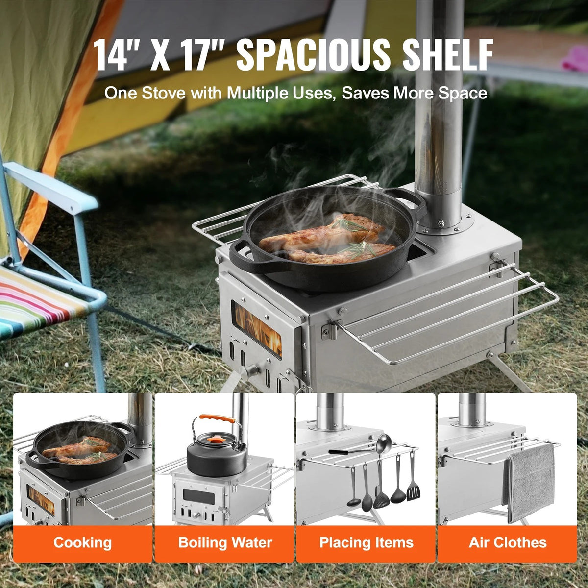 Portable Stainless Steel Camping Wood Stove with Chimney - Outdoor Tent Heating