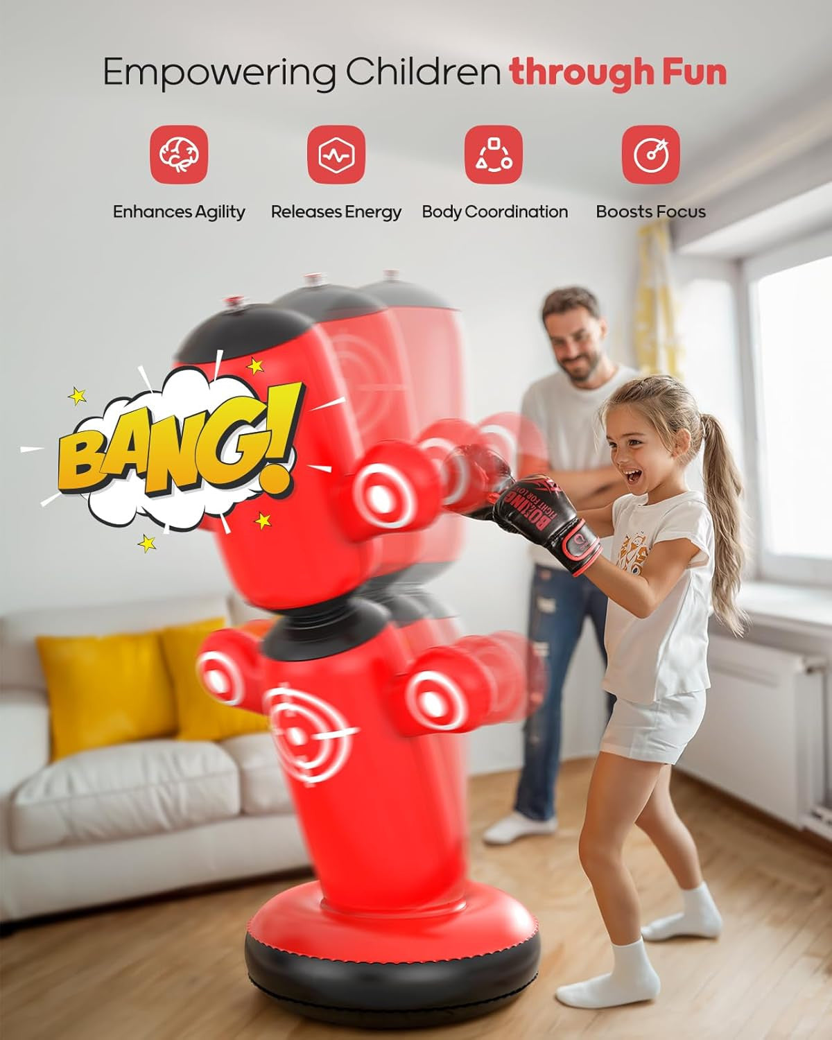 64 Inch Kids Inflatable Punching Bag with Rotating Bop Design, Gloves & Pump
