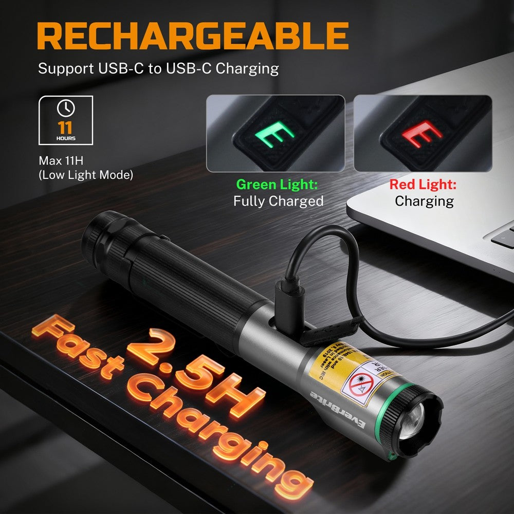 USB-C Rechargeable LED Flashlight with Green Laser Pointer, 500 Lumens, Magnetic & Zoomable Worklight
