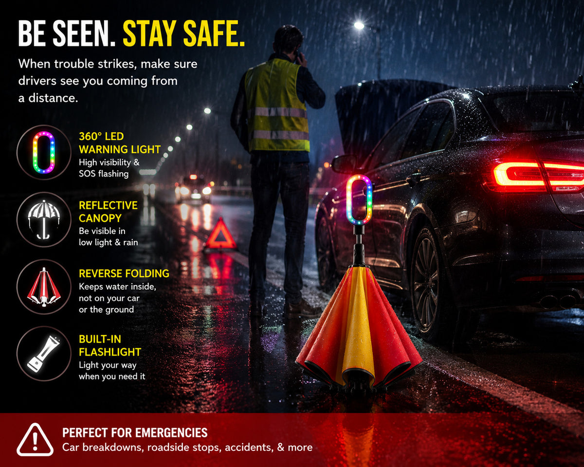 All-In-One Smart LED Safety Umbrella with SOS & White Light - Reflective, Water-Resistant, Hands-Free Handle