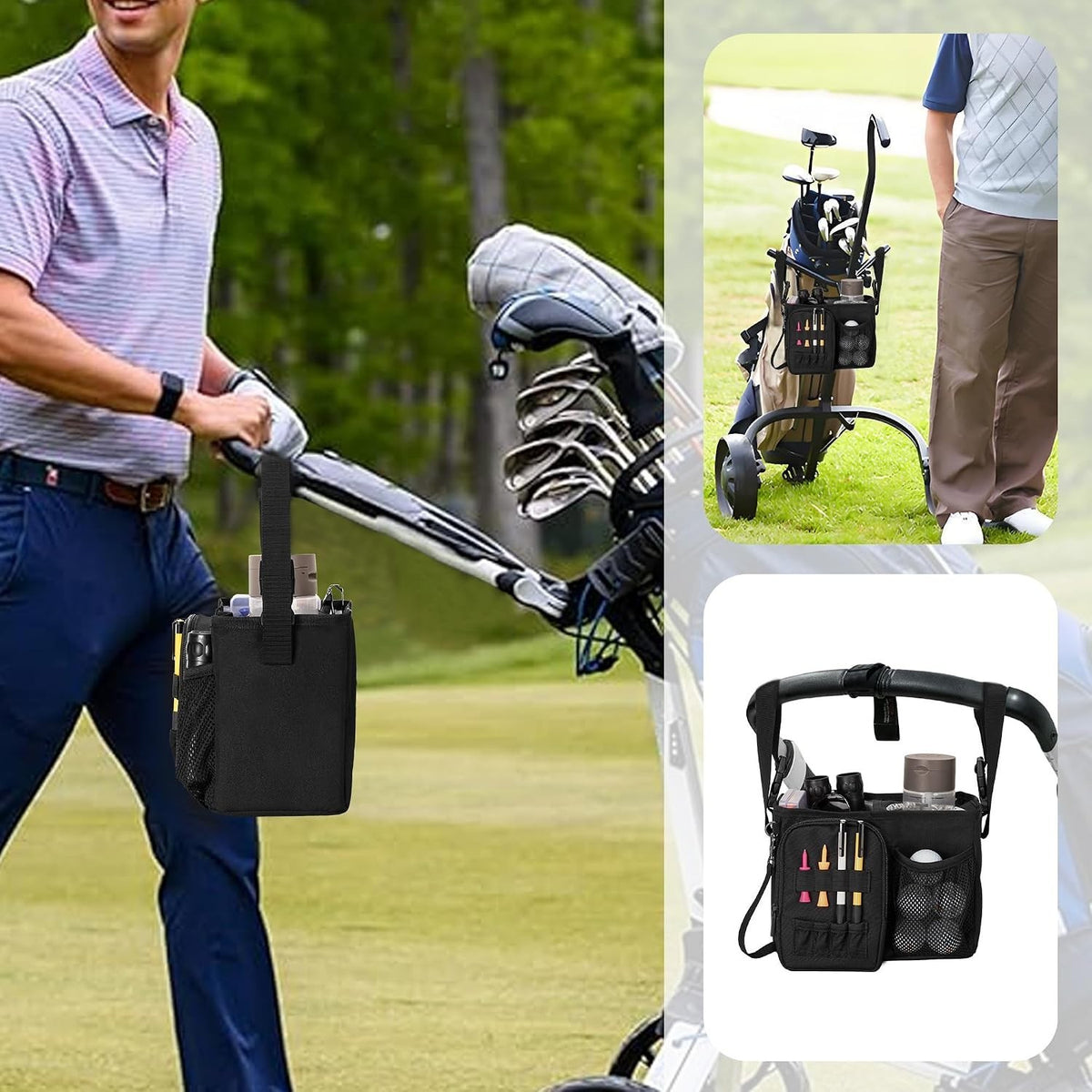 Golf Push Cart Organizer with Insulated Cup Holder & Storage Pockets