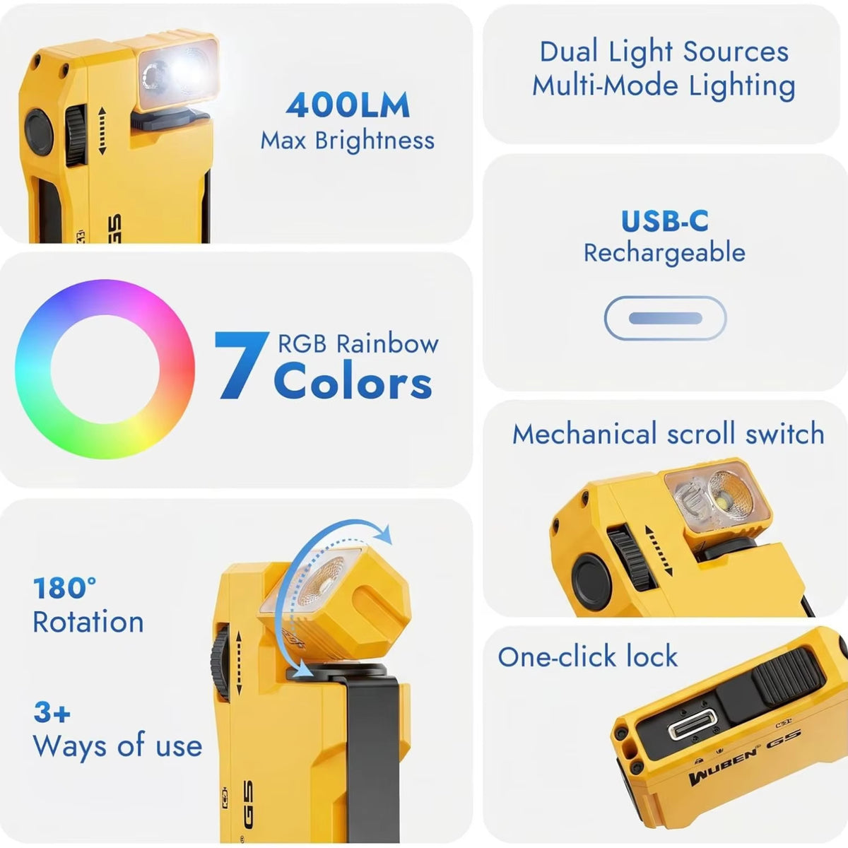 WUBEN G5 Rechargeable LED Flashlight RGB 180° Rotating Head Keychain