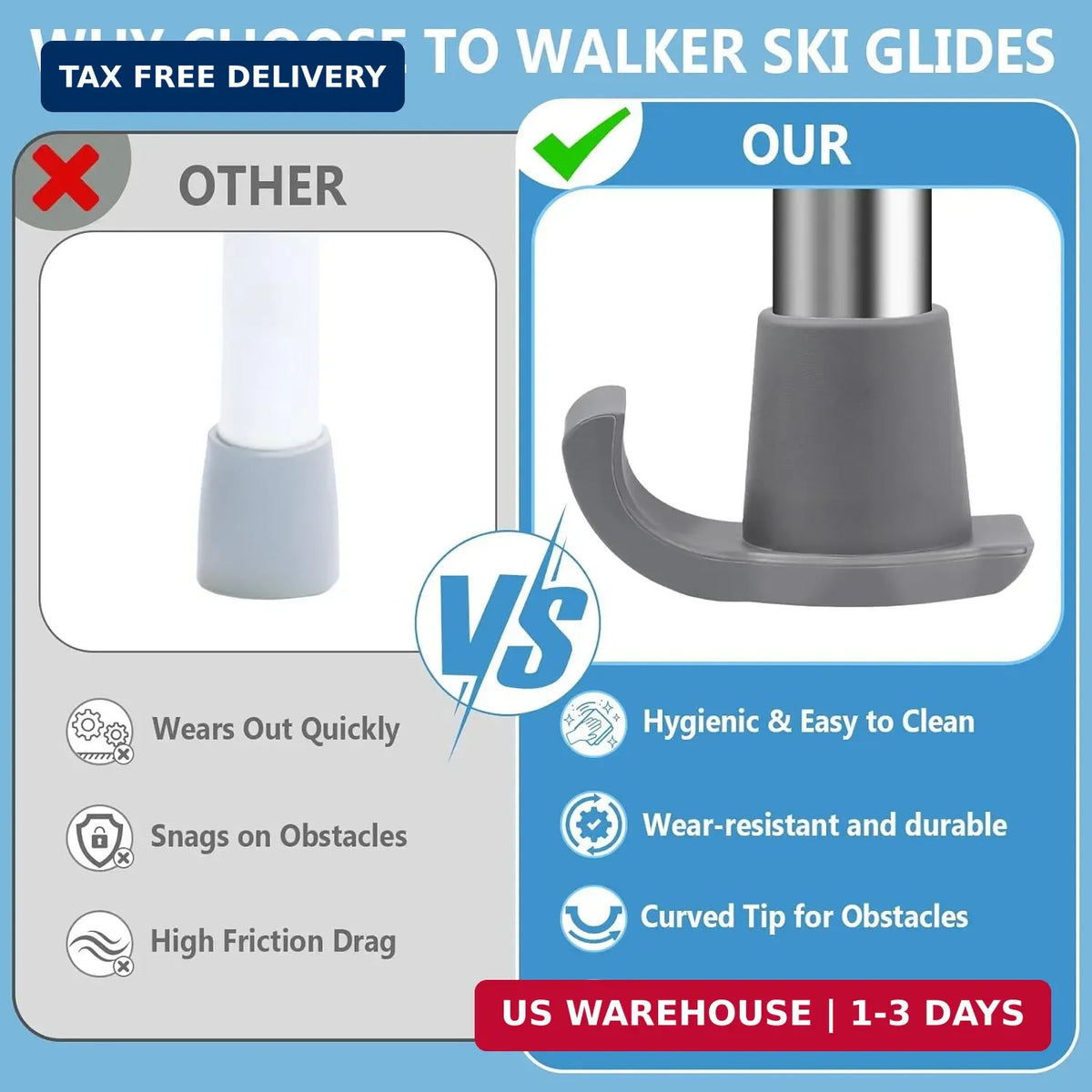 Walker Ski Glides 2 Pack Heavy Duty Replacement Feet for Folding Walkers