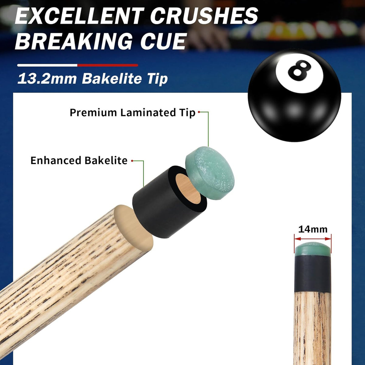 Heavy Hitter Break Cue Stick 54in 21oz with 13.5mm Hard Tip – Detachable 3-Section Pool Breaker