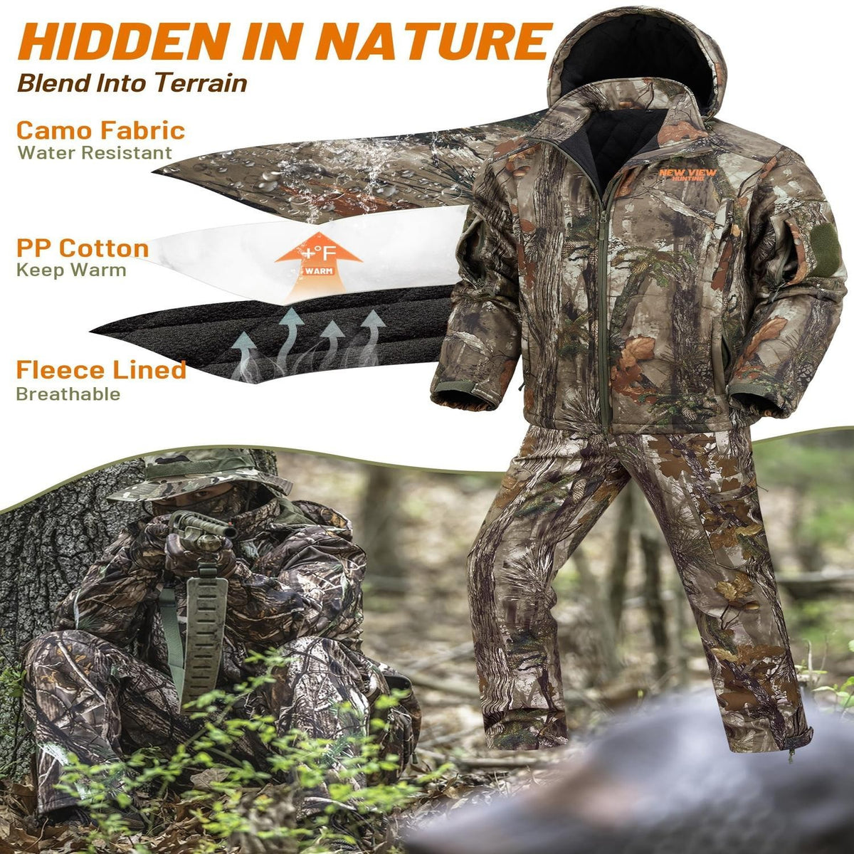 Men's Insulated Camouflage Hunting Suit with Jacket and Pants Set for Cold Weather