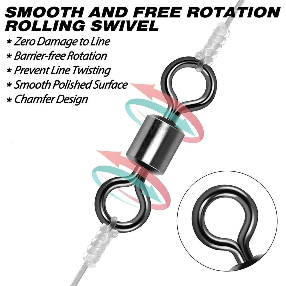 50x Stainless Steel Fishing Swivels with Solid Ring - Rolling Barrel Type