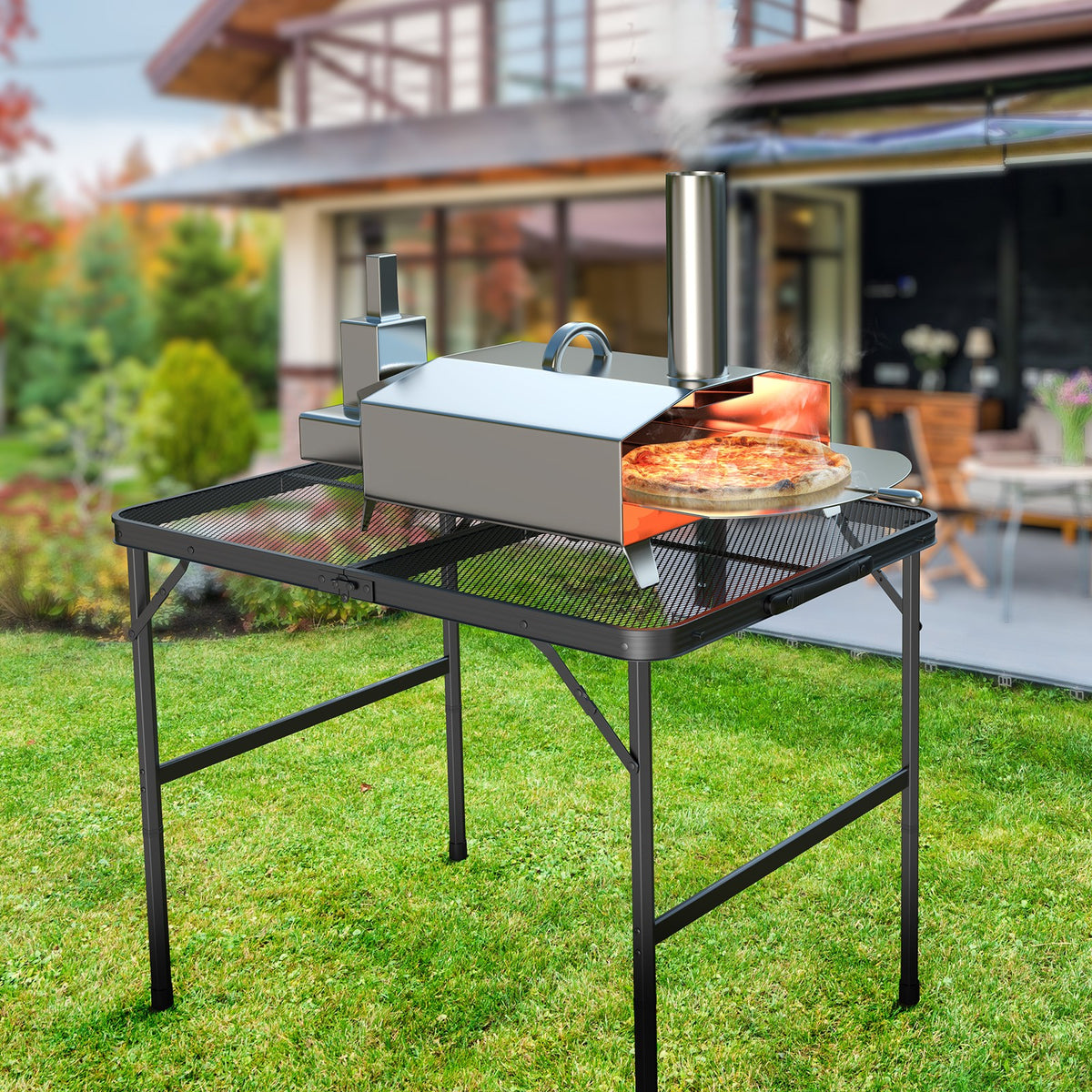 3 Ft Folding Camping Table with Mesh Desktop - Portable Aluminum Grill Side