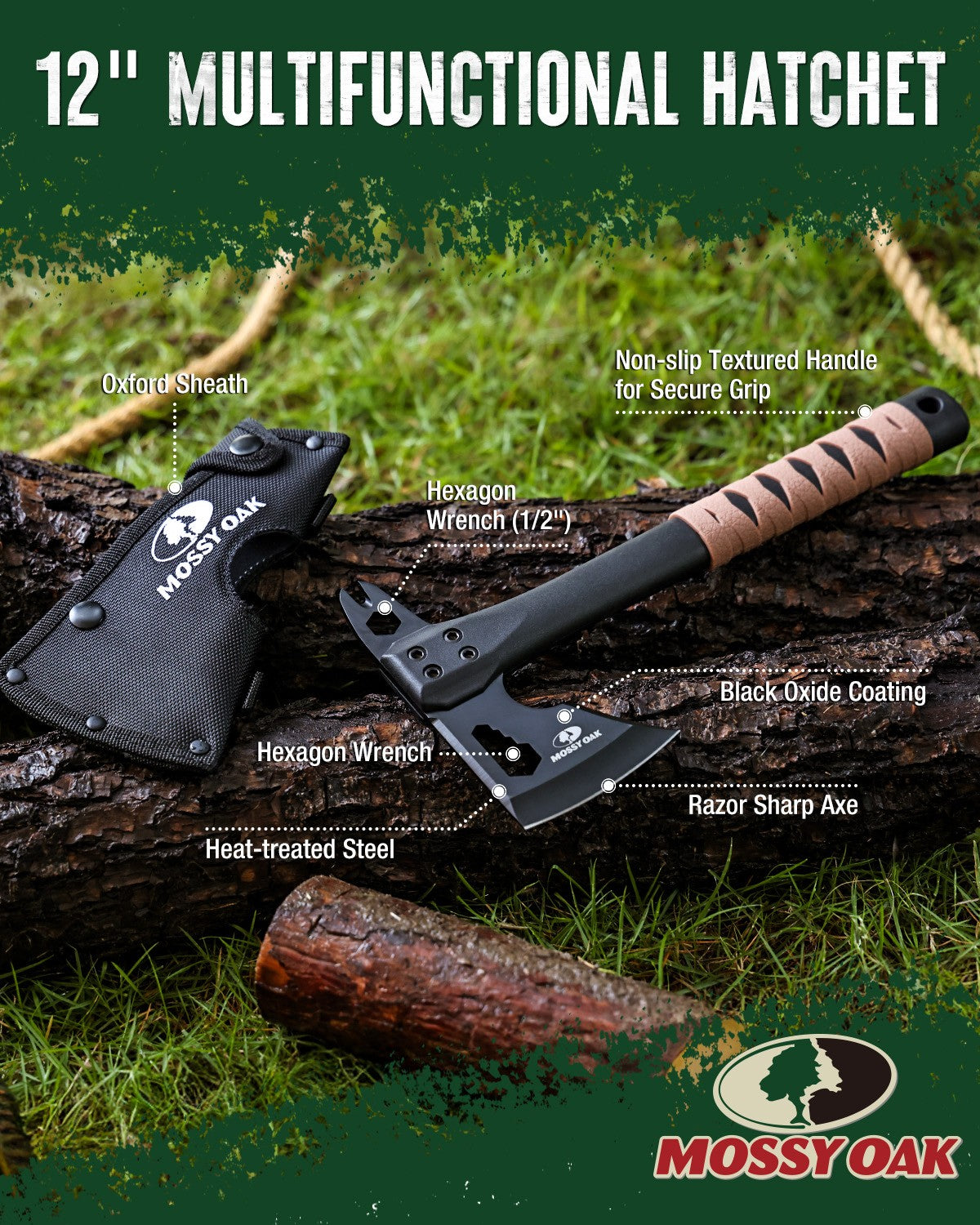 12-Inch Camping Axe and Survival Hatchet with Sheath - Multi-Tool Outdoor Gear