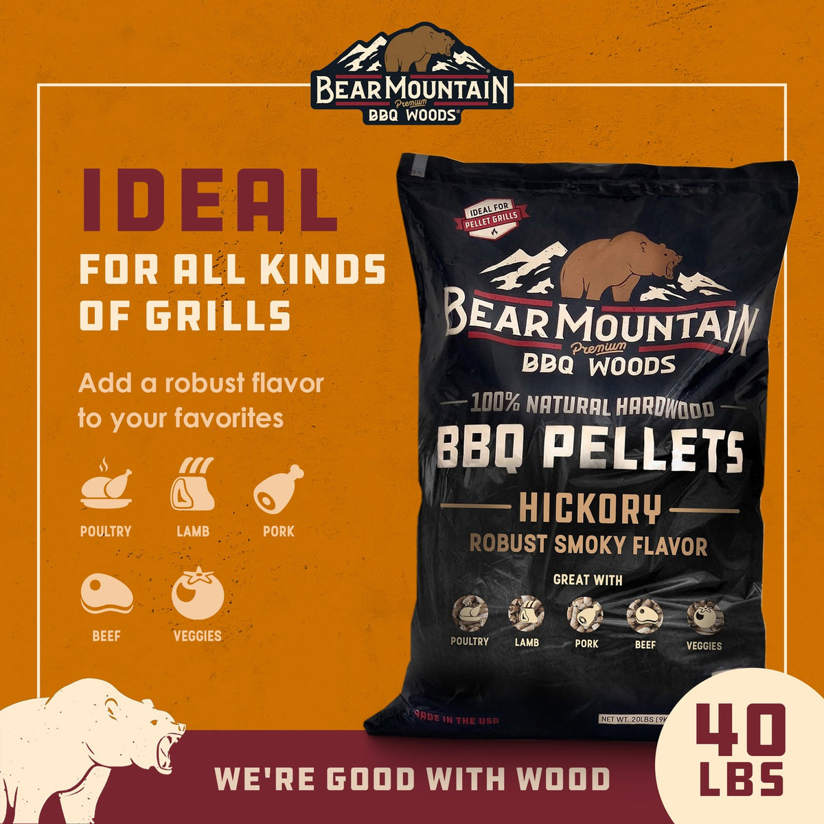 All-Natural Hardwood Hickory Smoker Pellets - 40 lb Grill Fuel
