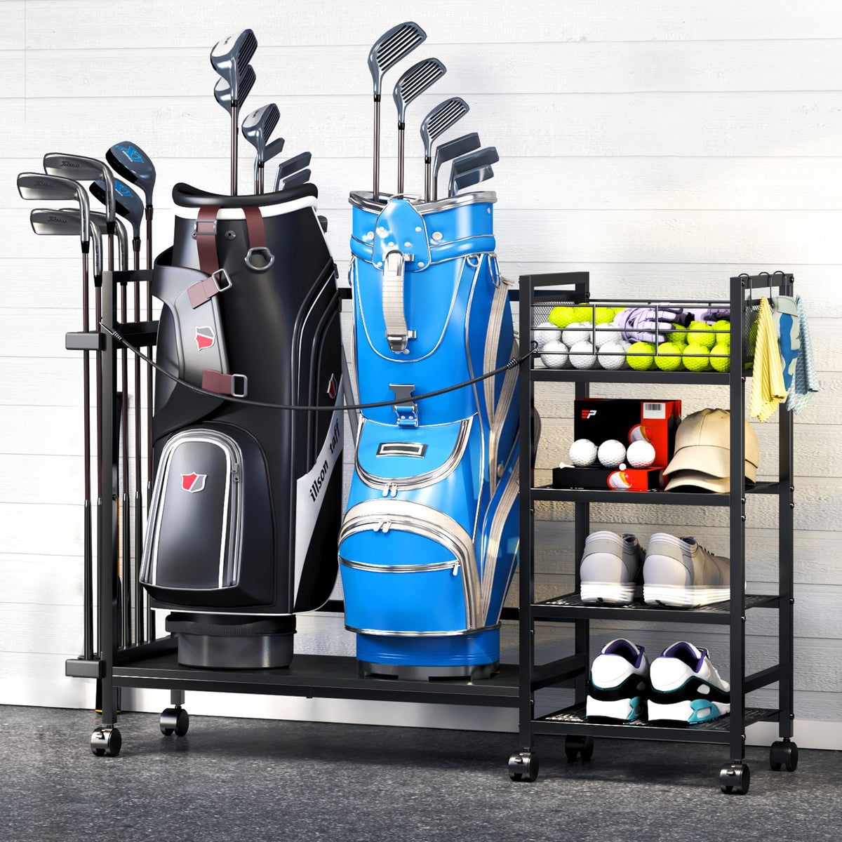 Golf Bag Storage Rack with Wheels - Organize Golf Clubs & Accessories