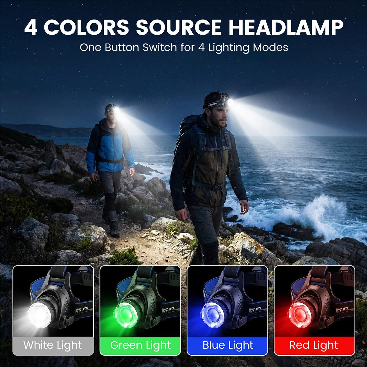 4-in-1 LED Hunting Headlamp with Red Green Blue Light Outdoor Head Torch
