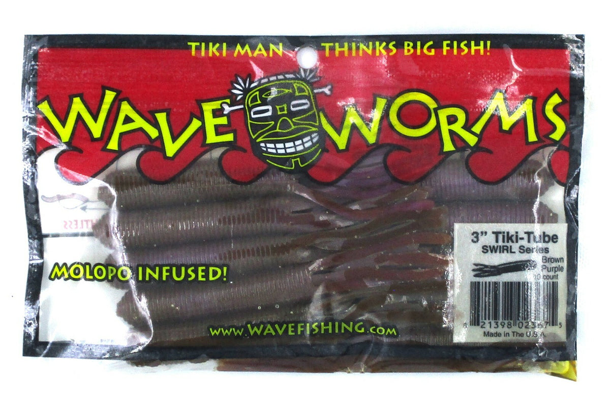 Wave 3-Inch Tiki Tube Swirl Plastic Baits - Brown and Purple, 30 Pack