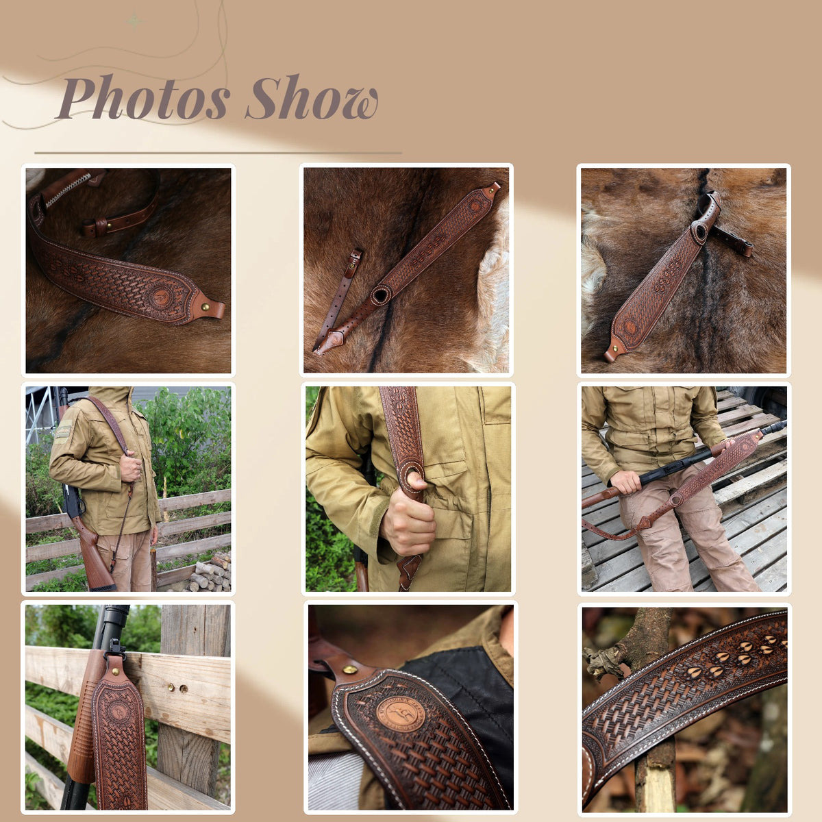 Leather Rifle Sling with Adjustable Strap & Non-Slip Shoulder Grip