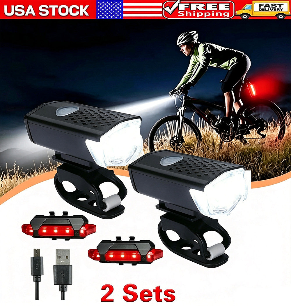 USB Rechargeable Bicycle Headlight and Tail Light Set - Super Bright, Waterproof, 360° Visibility