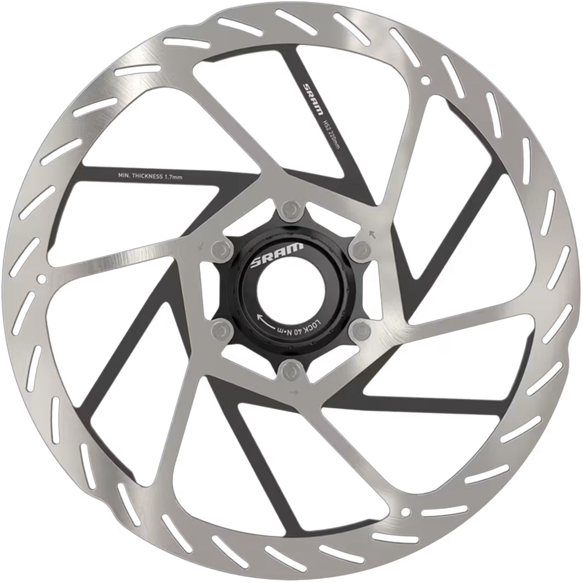 220mm Bike Disc Brake Rotor - Center Lock, 2mm Thick, Silver/Black