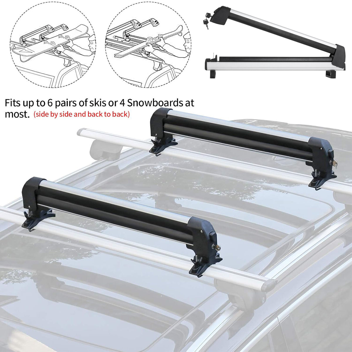 Universal Ski Snowboard Roof Rack Cross Bars with Lock for Car